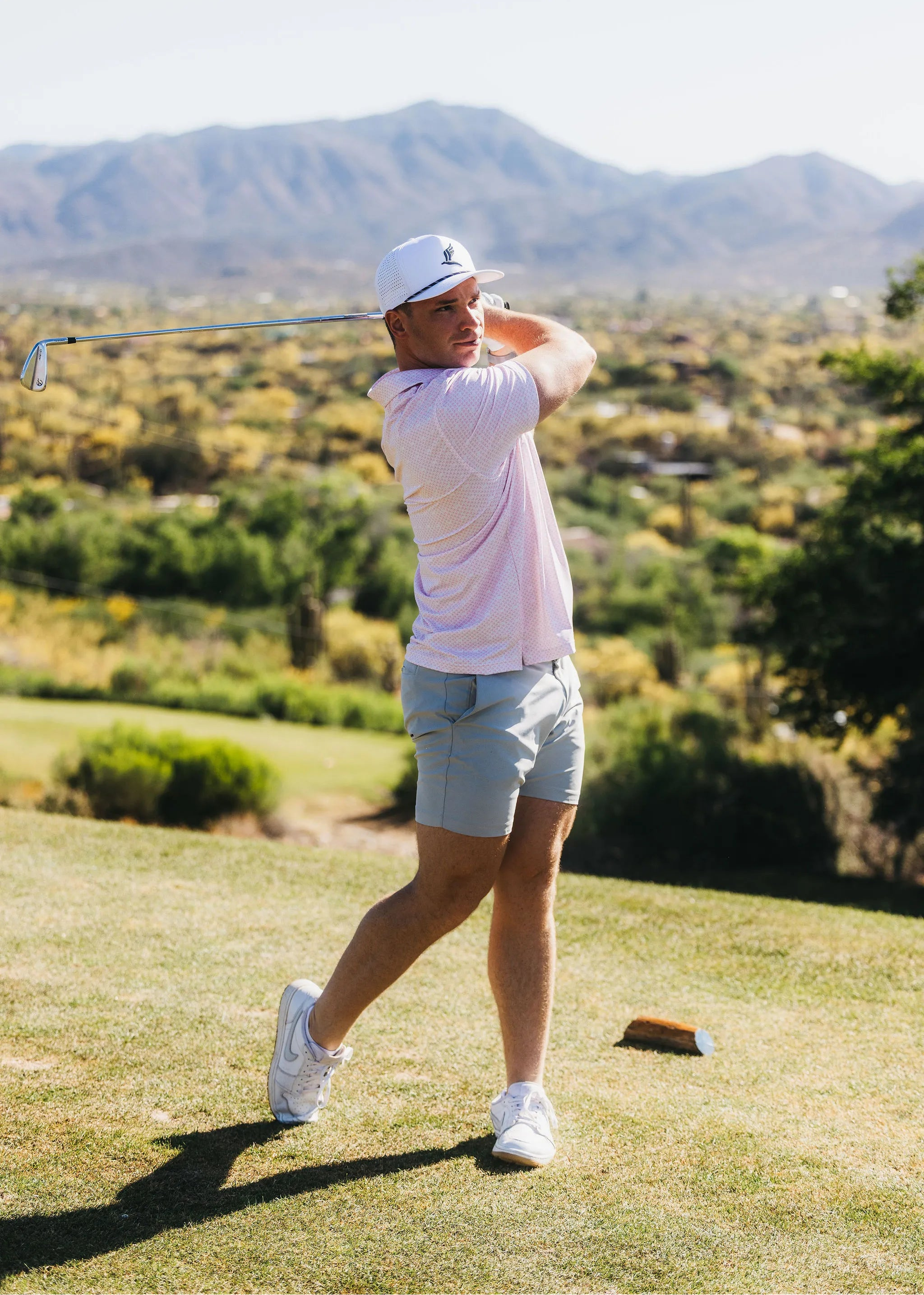 White and pink athletic fit Bombs Away golf polo — ALBY